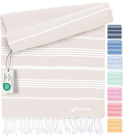 Fit-Flip Serviette de plage hammam – Fouta en coton 100% – drap turque léger à séchage rapide, accessoire parfait comme drap de plage XXL ou paréo - Sable - 100x200cm Sultan