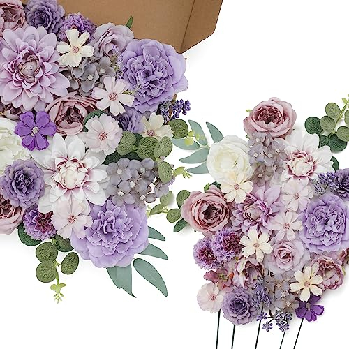 Senseya Artificial Flowers Combo Box Flower Leaf with Stems for DIY Wedding Bouquets Bridal Shower Centerpieces Party Decorations (Purple)