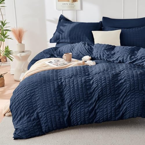 HYMOKEGE Seersucker - Juego de Funda de Edredón, Ropa Cama, Cubre Edredón, Color Azul Marino, Tamaño Queen