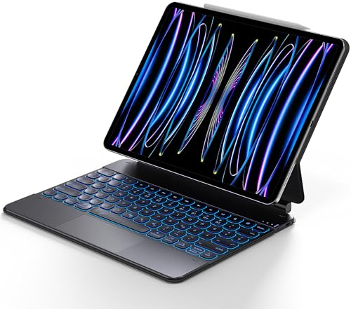 CACOE Bluetooth-Tastatur Hülle Kompatibel mit iPad Air 13 (M3/M2, 2025/2024) / iPad Pro 12.9 (6/5/4 Gen) mit Magnetische Freischwebendes Ständer Design, Multi-Touch, 7 Farbige Beleuchtung, Schwarz
