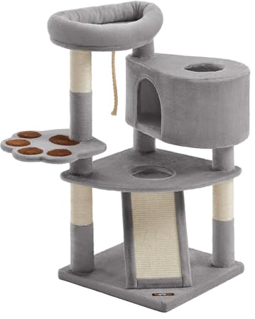 Feandrea Arbre à Chat, Tour de Jeux pour Chat, avec Plateforme et Niche, Rampe à Gratter, Multiniveaux, pour Chats jusqu’à 7 Kg, 49 x 49 x 95 cm, Facile à Monter, Gris PCT40W