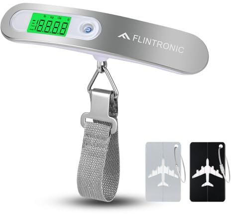 Flintronic 1PC Escala del Equipaje, Digital Balanza Báscula de Equipaje Portátil, Colgar Pesado Escala de Viaje, Balanza de Pesaje de Maleta Pantalla LCD Retroiluminación, Max Peso 110lb/50kg-Plata