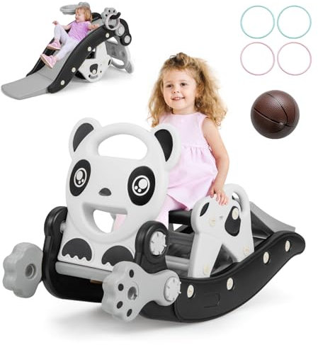 COSTWAY 5 en 1 Toboggan Enfant avec Chaise Amovible & Motif Panda, Cheval à Bascule Enfant avec Panier de Basketball & Ballon, Charge 50kg pour Enfants de 1-5 Ans, 92 x 38 x 53 cm
