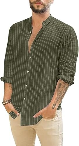Runcati Camicia in lino, da uomo, estiva, a maniche lunghe, a righe, per il tempo libero, in cotone, vestibilità regolare, verde, XL