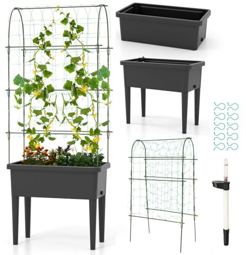 COSTWAY 4-in-1 Raised Garden Bed with Trellis, Self-watering Elevated Planter Box with Water Level Indicator & Drainage Holes for Climbing Plants Vines, Fruit Vegetable Flower Pot Container