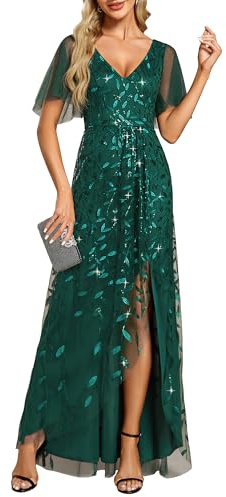 Ever-Pretty Abito da Ospite di Nozze Asimmetrico Scollo a V Linea A Paillettes Foglia Stile Impero Abito Elegante Donna Cerimonia Verde Scuro 36