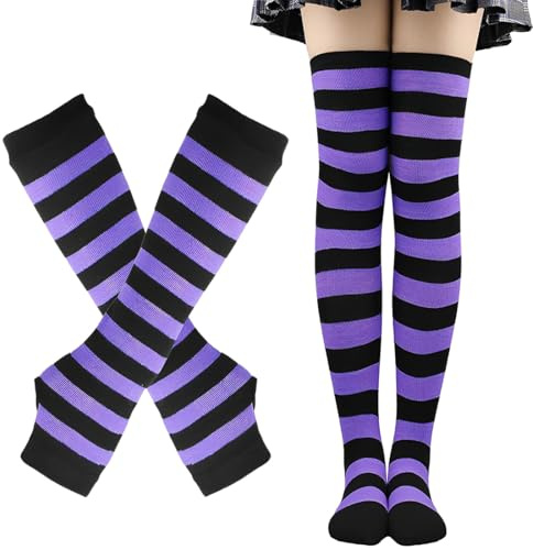 AYV Set di Guanti Lunghi in Maglia a Righe - Thigh Highs, Calze a Tighe Senza Dita, Sopra il Ginocchio - Leggings per Feste in Costume e Natale