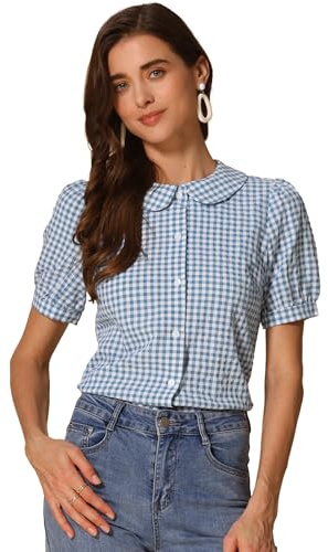 Allegra K Women Peter Pan Collar Plaid Puff Short Sleeve Blouses Lake Blue