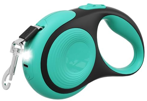 Correa retráctil para perro, 10/16 pies, 360°, sin enredos, resistente, con cable a prueba de masticación y luz LED, freno y bloqueo con una sola mano para perros pequeños y medianos de hasta 30 kg