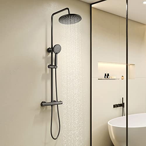 KOMIRO Colonne de Douche Noir, Ensemble de Douche avec Mitigeur Thermostatique, Réglable en Hauteur, Rond, Montage Mural, Ensemble de Salle de Bain
