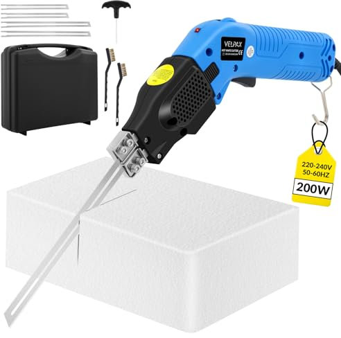 VELPAX 200W Couteau Électrique à Chaud pour Découpe de Mousse,avec 4 Lames en Nickel-Chrome,Température Réglable 0-600℃,Trancheuse Electriqueavec Refroidissement à l'Air pour Polystyrène