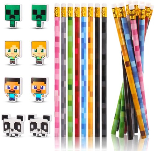 Rdlobu 20 stycken blyertspennor, 12 stycken Pixel HB blyertspennor och 8 miner suddgummi, träpennor med suddgummi för skolstart för fyllning, skolkontor skolmateria