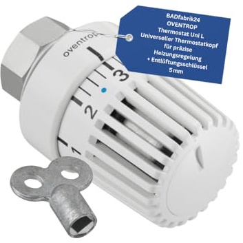 BADfabrik24 Thermostat Uni L mit Klemmanschluss + Entlüftungsschlüssel 5 mm Metall – 1 Stück Heizkörper-Thermostatkopf Links, weiß – einfache Montage & präzise Temperatureinstellung