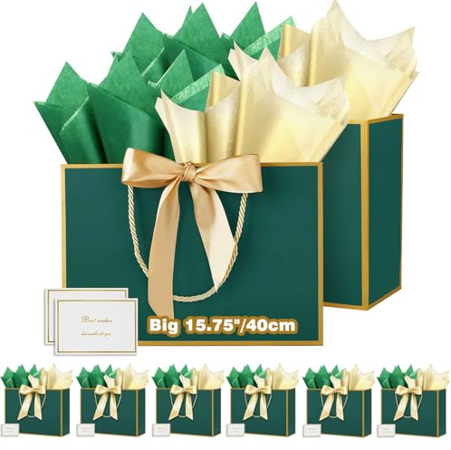 HONTIUS 15,75'' Sacchetti Regalo, 40cm 8 Pezzi Sacchetto Regalo Grandi Maxi XXL con Carta Velina e Carte， Borsa Busta Regalo grande Compleanno per Bambini Donne Ragazze Nozze Natale E