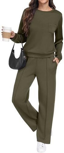 GRECERELLE Tracksuit Womens Full Set Autumn Long Sleeve Lounge Wear Sets for Women Two Piece Outfits Activewear Casual Crew Neck Pullover Tops and Jogging Bottoms with Pockets (Army Green, M)