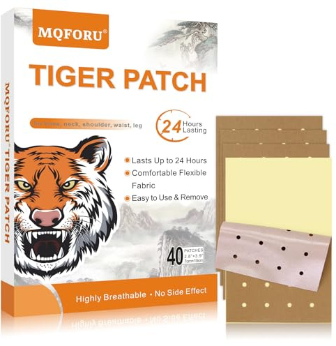 MQFORU Parches de tigre, 40 parches para aliviar el dolor, parches de calor ultra fuertes para la articulación muscular de la rodilla, cuello y hombro, 24 horas de larga duración
