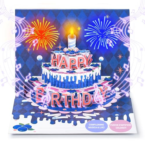Mockdy Carte Anniversaire Femme 3D Pop Up Musicale, Cadeau Joyeux Anniversaire pour Femme Homme Enfant Fille, Happy Birthday Carte avec Enveloppe Lumineuse et Feux d'Artifice
