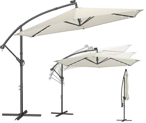 SONGMICS Sombrilla para Balcón con Iluminación LED Solar, Brazo de 350 cm de Diámetro, 32 Luces, con Base, Parasol UPF 50+, con Manivela, para Terraza, Jardín, Beige GPU119LZ01