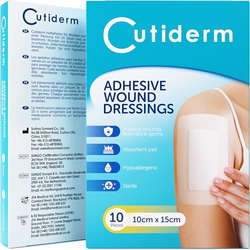 Steriler Wundverband Selbstklebend 10 x 15 cm – Cutiderm – 10 Stück – Wundkompresse mit Saugkissen – Große Pflaster für Wunden