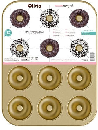 Stampo per Ciambelle 12 Stampi 35,5 x 26,5 x 3 cm, Antiaderente in Acciaio al Carbonio – Linea Dolci Essenziale