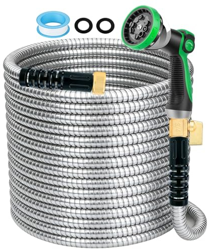 FlexiSolve Stainless Steel Garden Hose 25 ft - Heavy Duty Durable Metal Water Hose, Kink Resistant, Lightweight, Flexible, Rust Proof, UV Resistant - Ideal for Yard, Lawn, Plant Watering & Car Washing