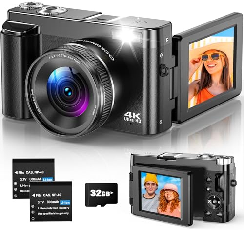 Fotocamera Digitale 4K 48MP, Macchina Fotografica Digitale Compatta Con Schermo Ribaltabile Da 3 Pollici a 180°, Auto Focus, Zoom Digitale 16X, Anti-Shake, Fotocamera Compatta Per Vlogging e Viaggi