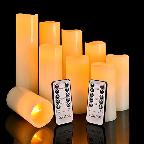 OSHINE LED Candles Flameless Candles (H 4 5 6 7 8 9) Set of 9 Real Wax Pillar Flickering Battery Candles With10-key Remote Control Timer 300 Hours(Not Included Batteries)