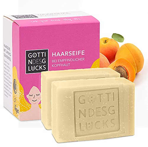 Göttin des Glücks festes Shampoo für Haare - Haar Seife Aprikose 2 x 80 Gramm - bei empfindlicher Kopfhaut - mit Fairtrade-Kokosnussöl - vegane Naturkosmetik - Zero Waste