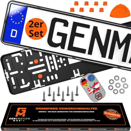 GENMAG® Kennzeichenhalter Rahmenlos [Legal & Universal] Nummernschildhalterung Auto | Rahmenlose Kennzeichenhalter Schwarz | Kennzeichenhalterung | Kfz Kennzeichen Halterung | Nummernschildhalter