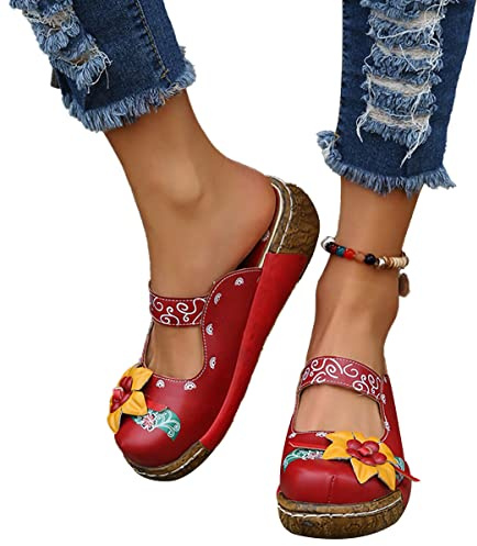 Onsoyours Sabots Femme Compensées Clogs Mules Plates Plateforme Sandales en Cuir Eté Pantoufles Chaussures Confort pour Pieds Larges B Rouge 40 EU
