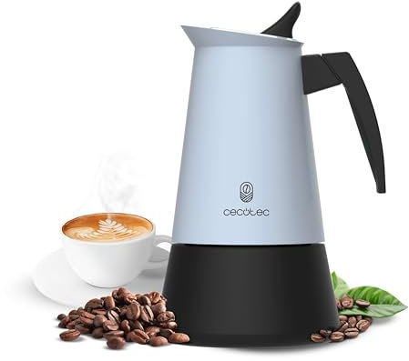 Cecotec Cafetera Italiana Piccolina 600 Blue, Capacidad 300 ml para 6 tazas, Diseño elegante en Acero, Filtro Acero Inoxidable, Apta para todas las superficies, Válvula de seguridad, Cierre silicona