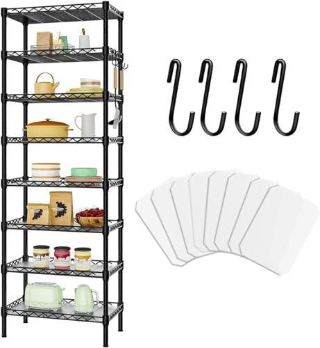 Wooruy Lagerregal, Regal aus Metall, Höhenverstellbar, Schwarz, Küchenregal, mit 8 Ablagen, Einfache Montage, Mehrzweckregal, Robust und solid, bis 400 kg belastbar, für Küche, Bad & Büro Schwarz