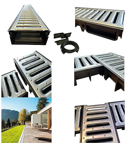 10 x Black channel with galvanised Steel Grate Ultra Low Profile Shallow Flow Drain Plastic Grating 50mm Deep x 1m Length x 125mm Width Drainage Channel suitable for Garden Patios and Driveways
