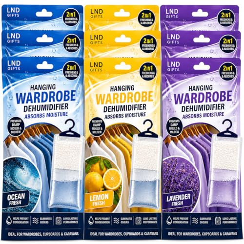 LND Gifts Set Of 9 Scented Hanging Wardrobe Dehumidifiers - For Bedroom, Dehumidifiers Disposable Bags, Lavender, Ocean, Lemon Scents