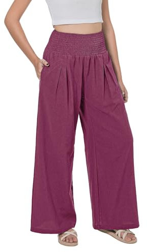 Lofbaz Femme Pantalon Large Été en Coton et Lin Fluide Palazzo Plage Taille Haute Bohème Long Pantalon de Salon avec Poches Fuchsia XL