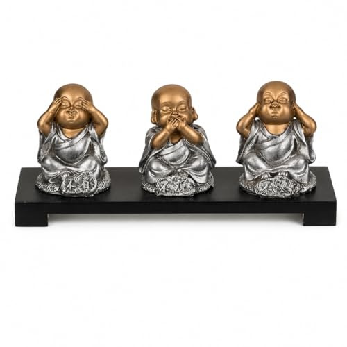MIJOMA figura decorativa 3 Buddha seduto su panca di legno | Motivo: Vedi, di', non sentire il male | Dimensioni: 20 x 9 cm | Materiale: combinazione di poliresina e legno | Accessorio spirituale per