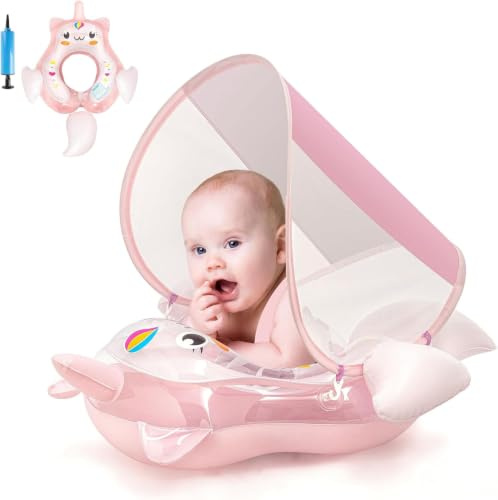 Unicorn Inflatable Baby Float with Canopy 3-6-12 Months Baby Girl Infant Toddler Baby Pool Float Baby Swimming Float Ring, Baby Inflatable Seat Swimming with Shade Canopy for 6-12-18-36 Months Pink