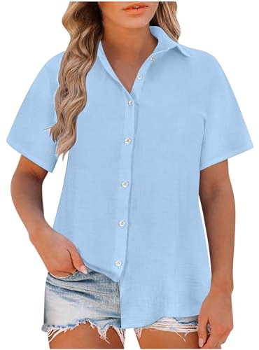 Women's Linen Button Down Shirts - Short Sleeve Tops - Lapel Neck Elegant Business Casual Office Work Blouses - Comfortable Cotton Linen - S-5XL
