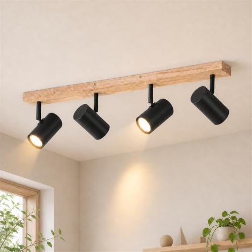 Glitzerlife Takspot 4 Ljuskällor Trä Taklampa Svart Takspots GU10 | Halllampa Svängbar 350° Vintage Takspotlights Hall för Vardagsrum Sovrum Esstisch Köks Barnrum MAX.25W
