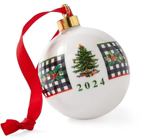 Spode Christmas Tree Bauble Ornament, Porcelain Centerpiece, Red Ribbon & Black-White Check Wrap, Festive Keepsake for Gifting & Display, Holiday Decor