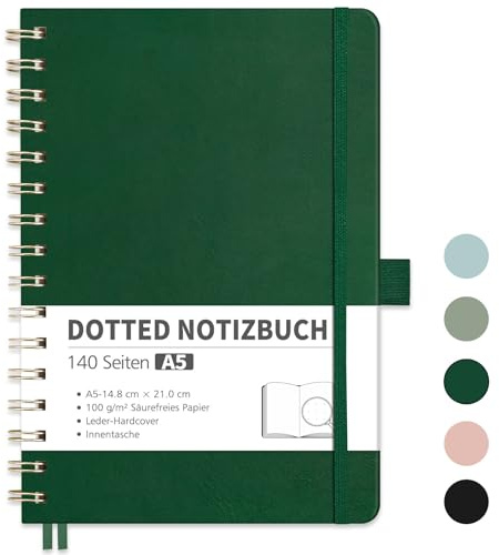 RETTACY Anteckningsbok A5 Dotted, bullet Dot Journal med 100 g/m² tjockt papper, 70 ark, anteckningsbok för kontor och skola, läderfodral, 14,8 cm x 21 cm