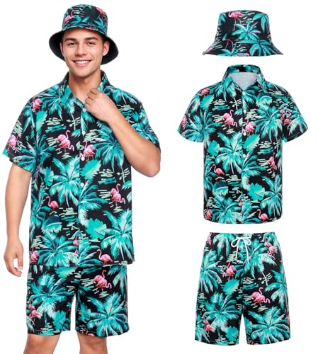 SERTAS Camicia hawaiana da uomo, per festival, da uomo, set da 3 pezzi, senza stiratura, camicia hawaiana e pantaloncini e cappello da pescatore, verde, XL