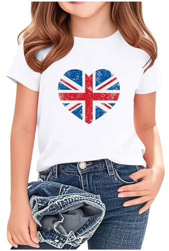Girl Top 9 Years British National Flag Printed Short Sleeve Plus Size Crew Neck Casual Union Jack Loose Fit Tees Tunic Kids Cloths White Girls T-Shirts Lightweight