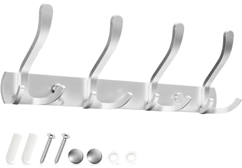Sevenpers Coat Rack Wall Mounted - 4 Tri Hooks, Heavy Duty, Stainless Steel, Rust-Free Coat Hooks Rail for Jackets Hats Towel Purse Robes Living Room Bathroom Entryway Kitchen, Silver