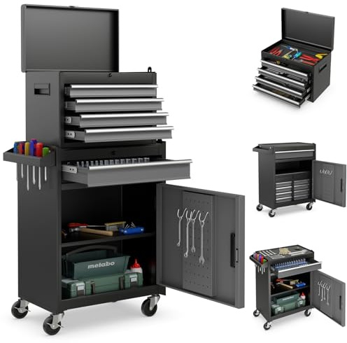 COSTWAY 2 in 1 Werkstattwagen inkl. Koffer & 8 Fächer & Haken & verstellbarem Regal, Werkzeugwagen Abschließbar auf Rädern ohne Werkzeug, Profi Werkstatt-Wagen Metall 100 kg Tragkraft, 59x28x102cm