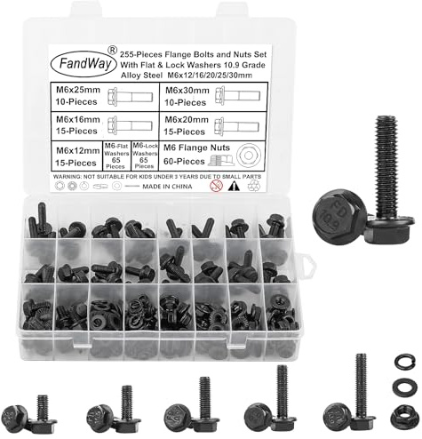 FandWay 255 Pcs Flange Head Bolts Black,M6 Flanged Hex Head Serrated Bolts and Nuts Set With Flat & Lock Washers,Flange Hexagon Machine Screws 10.9 Grade Alloy Steel,External Hex Drive Fully Threaded.