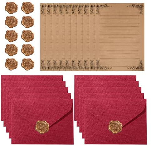 HMCEY 10 Pezzi Carta da Lettere con Busta Vintage,Busta da Lettera Antica,Fogli di Carta Decorata per Lettera con 10 Adesivi Sigillo di Cera,Buste Classica per Scrivere e Disegni,Stationery Paper