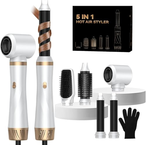 Airstyler 5 in 1 Hairstyler mit Warmluftbürste, Föhnbürste, Rundbürste, Lockenstab & Glättebürste in 1000W Leistung & 3 temperaturstufen für Haar Volumen, Glätten, Locken und Föhnen Haarstyler