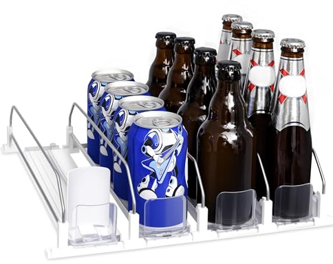 Aurinovellia Organizer Frigorifero Bottiglie, 4 File Dispenser Lattine Organizzatori, Porta Lattine Frigo Automatico, Molla Regolabile Porta Bottiglie Frigorifero per Acqua Lattine Birra Bianco