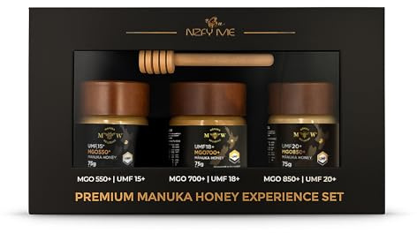 NZfyMe–Manuka Honig Experience Set–3x75g (MGO 550+/UMF 15+, MGO 700+/UMF 18+, MGO 850+/UMF 20+) | Premium Edition im Glas mit Holzlöffel & Geschenkbox| Zertifiziert & Hergestellt in Neuseeland